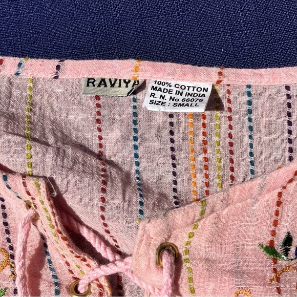 100% Cotton Made in India, pale pink boho embroidered blouse romantic floral S - Picture 7 of 8